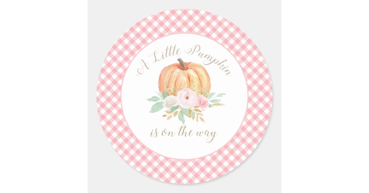 A Little Pumpkin Baby Shower Floral Pink Plaid Classic Round Sticker ...