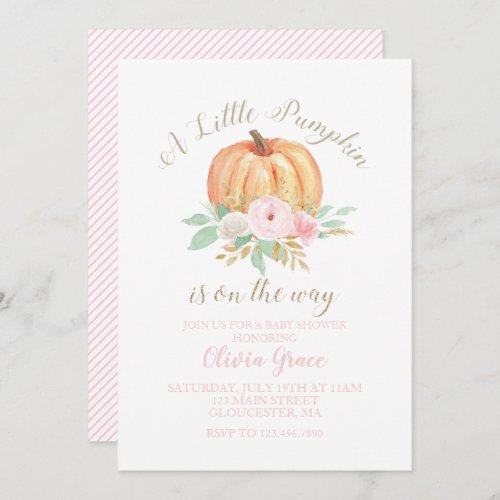 A Little Pumpkin Baby Shower floral pink stripes Invitation
