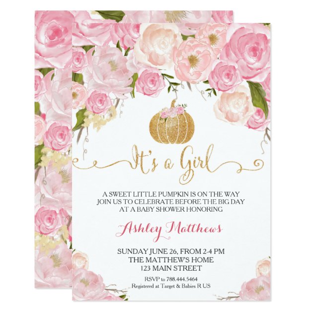 A Little Pumpkin Baby Shower Pink & Gold Glitter Invitation