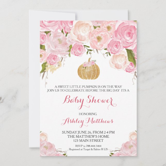 A little Pumpkin Baby Shower Pink & Gold Glitter Invitation (Front)