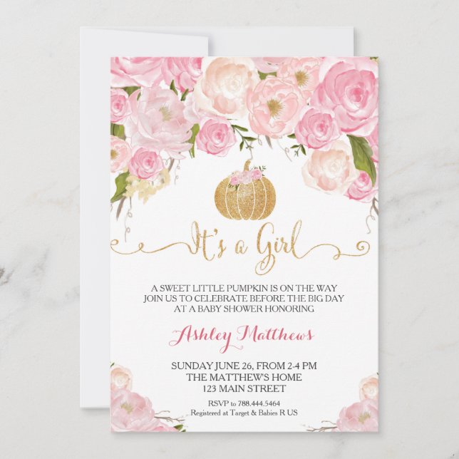 A little Pumpkin Baby Shower Pink & Gold Glitter Invitation (Front)