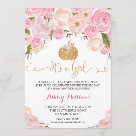 A Little Pumpkin Baby Shower Pink & Gold Glitter Invitation