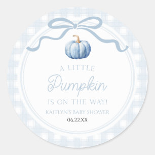 A Little Pumpkin Blue Bow Fall Baby Shower Classic Round Sticker