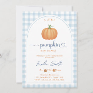 A Little Pumpkin Blue Gingham Autumn Baby Shower Invitation