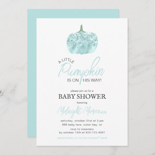 A Little Pumpkin Blue Halloween Baby Shower   Invitation