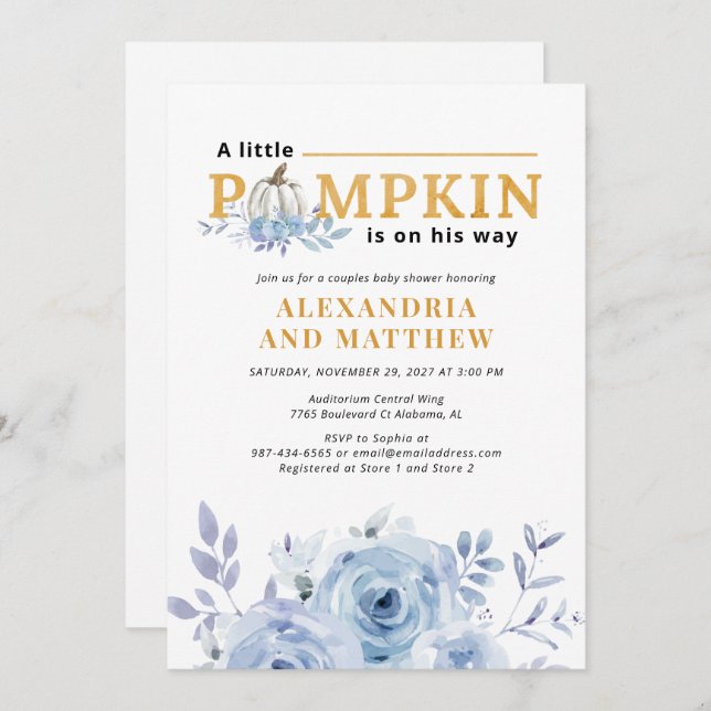 A Little Pumpkin Blue Lilac Boys Baby Shower Flora Invitation (Front/Back)