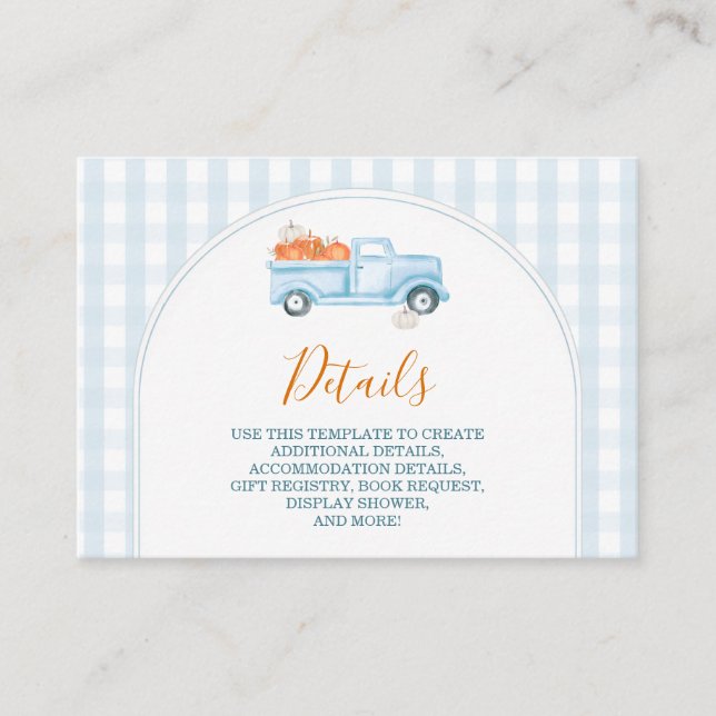 A Little Pumpkin Blue Truck Baby Shower Detail Enclosure Card (Front)