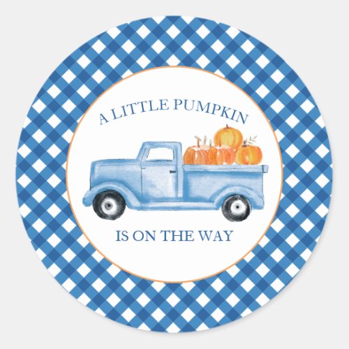 A Little Pumpkin blue truck fall baby shower Classic Round Sticker