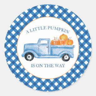 A Little Pumpkin blue truck fall baby shower Classic Round Sticker