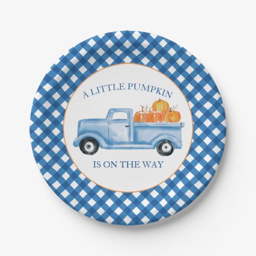 A Little Pumpkin blue truck fall baby shower Paper Paper Plates