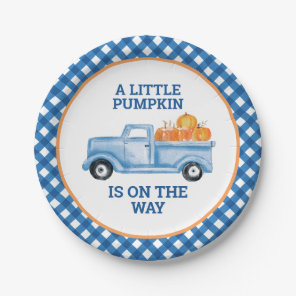 A Little Pumpkin blue truck fall baby shower Paper Plates