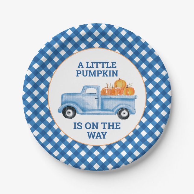 A Little Pumpkin blue truck fall baby shower Paper Plates (Front)