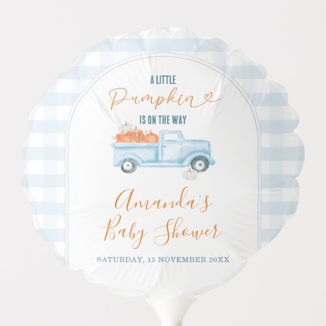 A Little Pumpkin Blue Truck Gingham Baby Shower Balloon (Front)