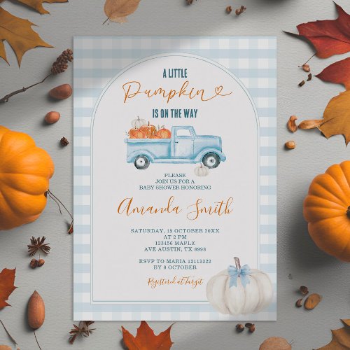 A Little Pumpkin Blue Truck Gingham Baby Shower Invitation