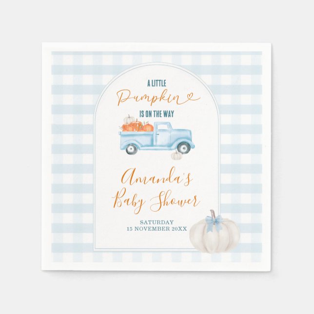 A Little Pumpkin Blue Truck Gingham Baby Shower Napkins (Front)
