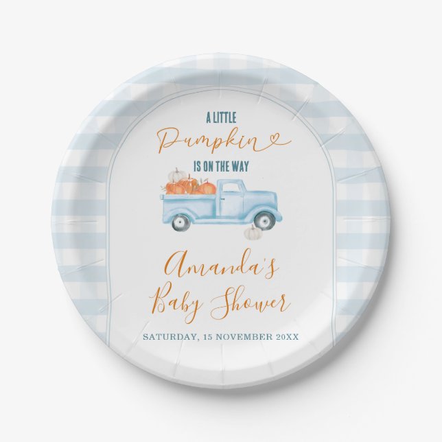 A Little Pumpkin Blue Truck Gingham Baby Shower Paper Plates (Front)