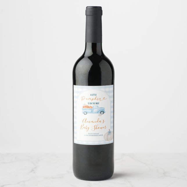 A Little Pumpkin Blue Truck Gingham Baby Shower Wine Label (Front)