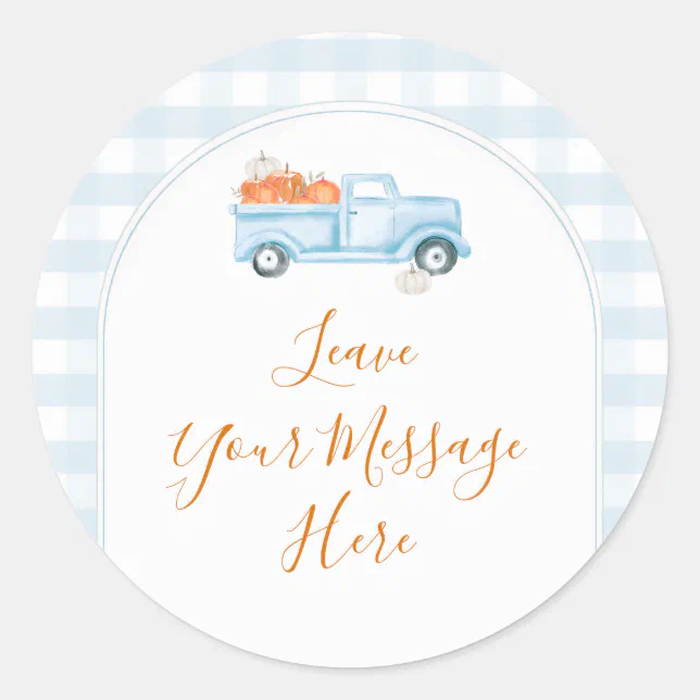 A Little Pumpkin Blue Truck Gingham Your Message Classic Round Sticker ...
