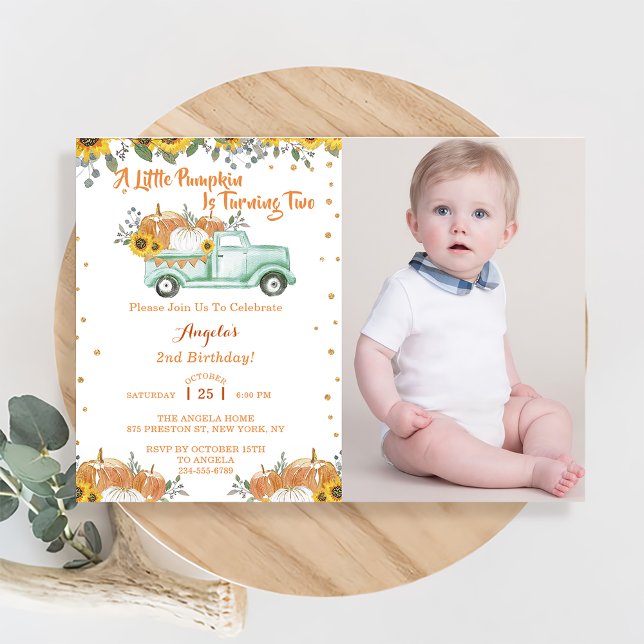 A Little Pumpkin Blue Truck Second Birthday Invitation (Creator Uploaded)