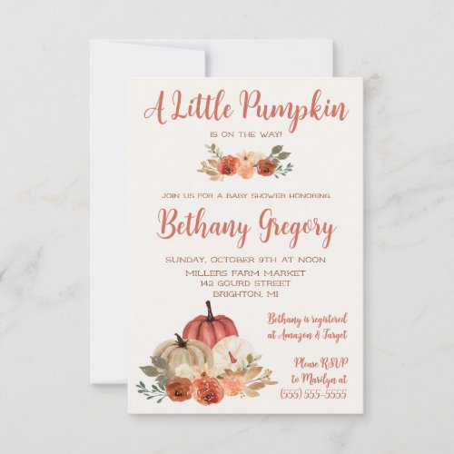 A Little Pumpkin Blush Floral Swash Baby Shower Invitation