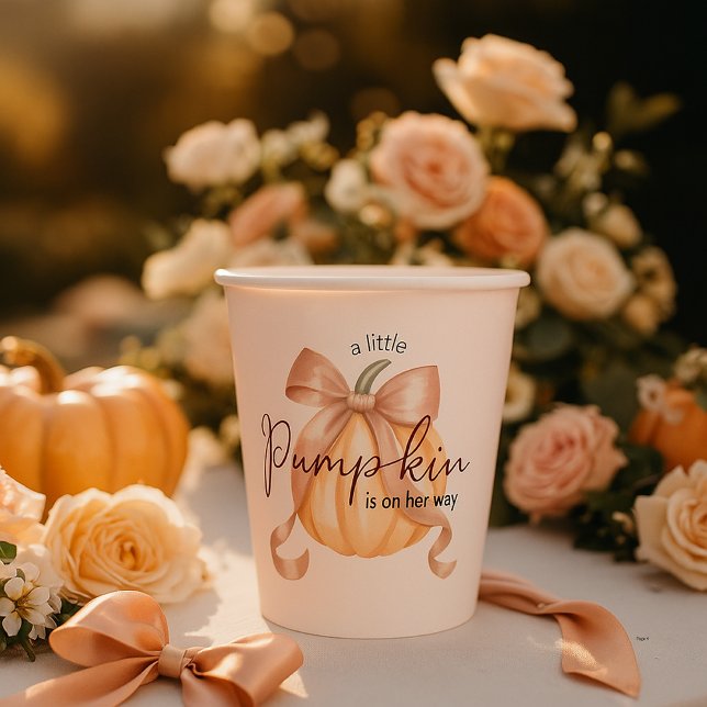 A little Pumpkin Bow Pink Baby Shower Watercolor Paper Cups (Creator Uploaded)