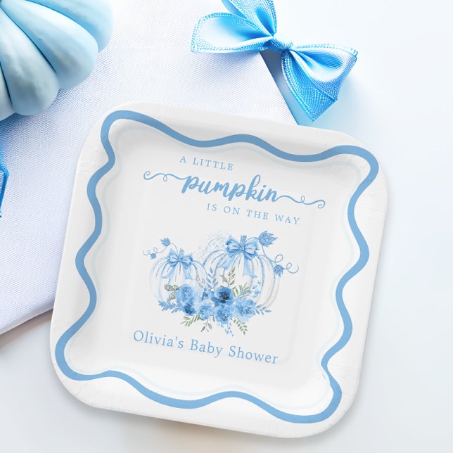 A Little Pumpkin Bow Wave Frame Baby Shower Paper Plates (Creator Uploaded)