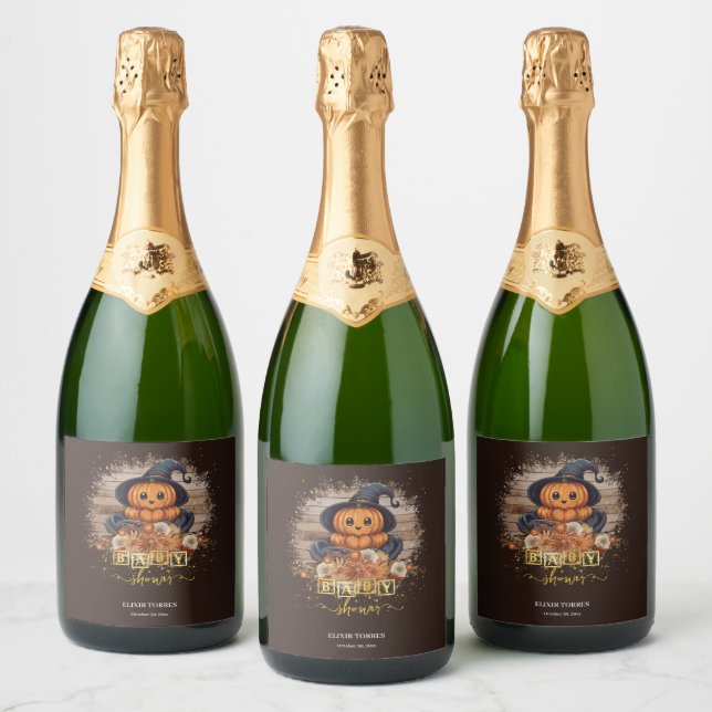 A Little Pumpkin Cute Kawaii Glitters Baby Shower Sparkling Wine Label (Bottles)