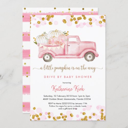 A little pumpkin drive by girl baby shower invitation