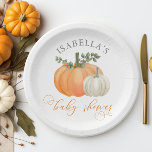 A Little Pumpkin Fall Autumn Baby Shower  Paper Plates<br><div class="desc">Celebrate the arrival of your little pumpkin with this charming gender-neutral fall baby shower paper plates. Perfect for couples who want to share the joy of their new addition with family and friends. The sticker features a watercolor design with greenery and autumn leaves, and cute little pumpkins to announce that...</div>