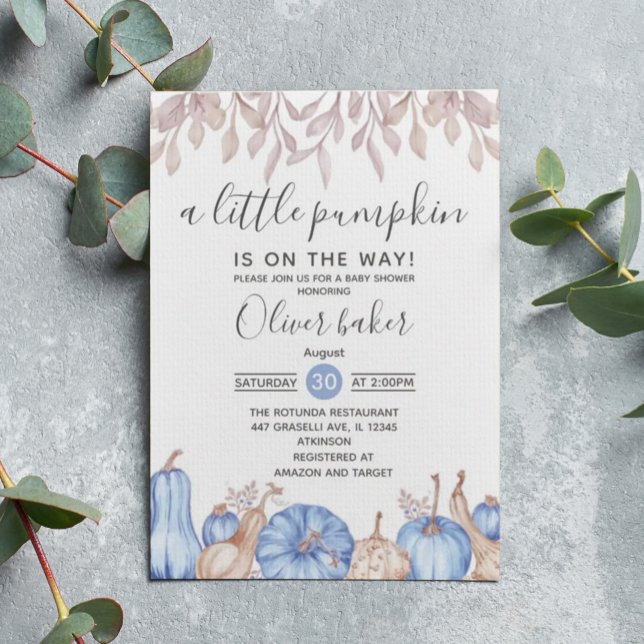 A Little Pumpkin Fall Autumn Blue Baby Shower Invitation (Creator Uploaded)
