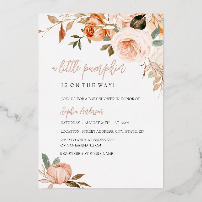 A Little Pumpkin Fall Autumn Foil Baby Shower Foil Invitation (Front)