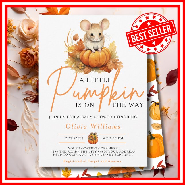 A Little Pumpkin Fall Autumn MOUSE Baby Shower Invitation (A Little Pumpkin is on the Way Fall Autumn CUTE MOUSE Baby Shower Invitation)