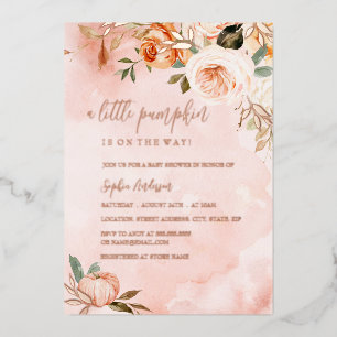 A Little Pumpkin Fall Autumn Pink Baby Shower Foil Foil Invitation