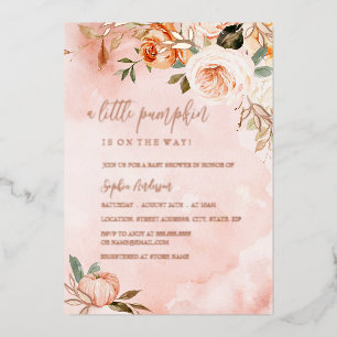A Little Pumpkin Fall Autumn Pink Baby Shower Foil Invitation