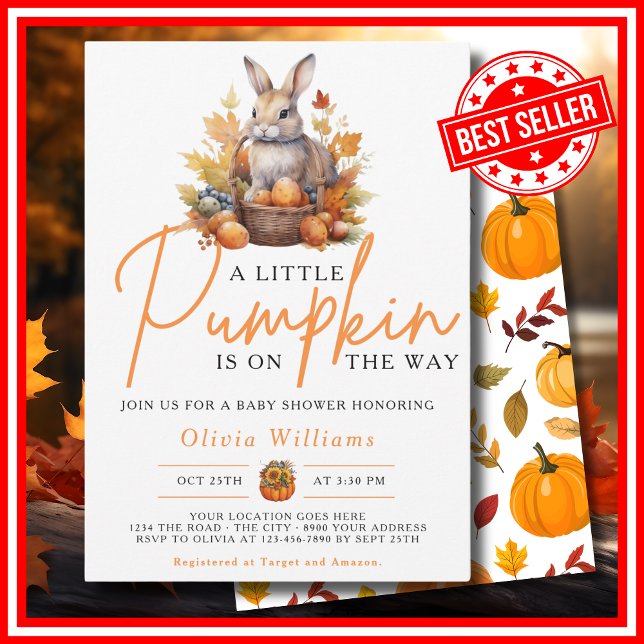 A Little Pumpkin Fall Autumn RABBIT Baby Shower Invitation (A Little Pumpkin is on the Way Fall Autumn CUTE BUNNY RABBIT Baby Shower Invitation)
