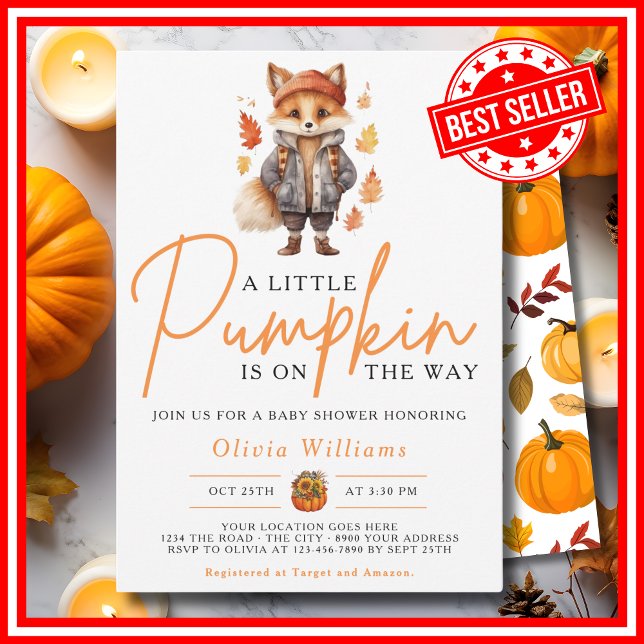 A Little Pumpkin Fall Autumn RED FOX Baby Shower Invitation (A Little Pumpkin is on the Way Fall Autumn RED FOX Baby Shower Invitation)