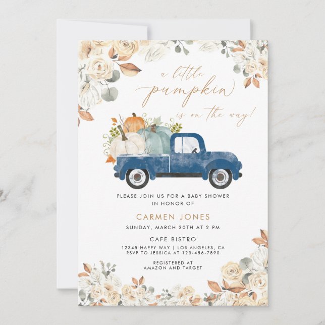 A Little Pumpkin Fall Baby Shower | Blue truck Invitation (Front)
