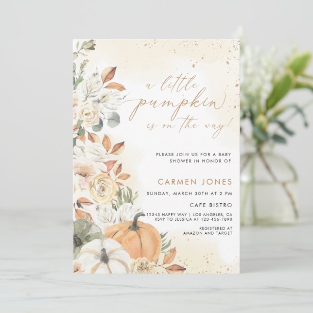 A Little Pumpkin Fall Baby Shower Gender Neutral Invitation (Standing Front)