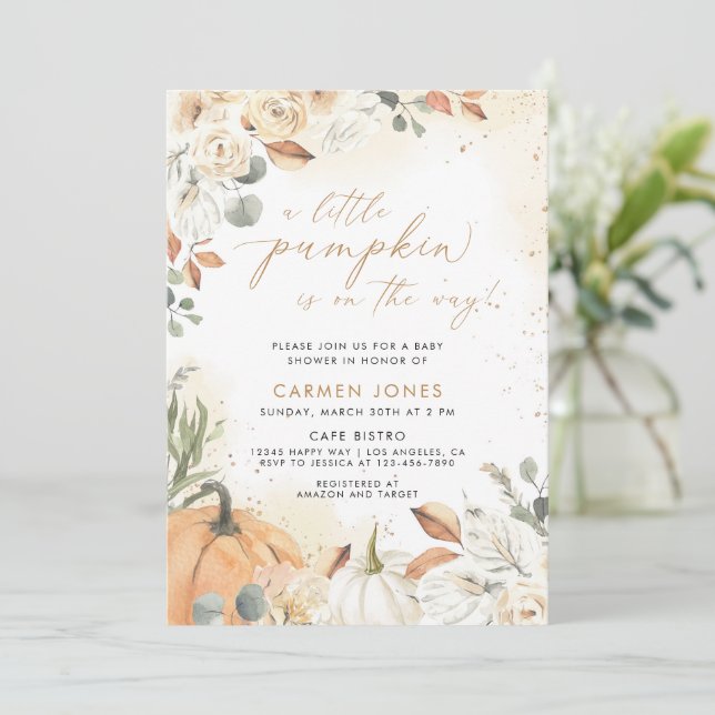 A Little Pumpkin Fall Baby Shower Gender Neutral Invitation (Standing Front)
