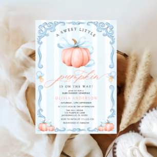 A Little Pumpkin Fall Blue Bow Baby Shower Invitation