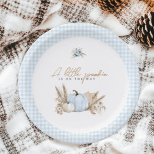 A Little Pumpkin Fall Blue Gingham Boy Baby Shower Paper Plates