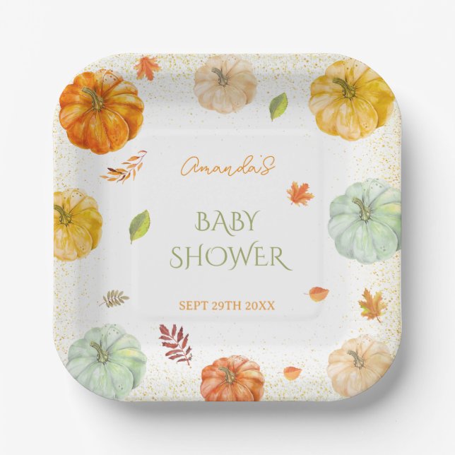 A Little Pumpkin Fall Botanical Baby Shower  Paper Plates (Front)