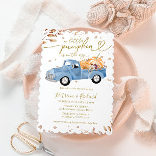 A Little Pumpkin Fall Boy Baby Shower Blue Truck Invitation