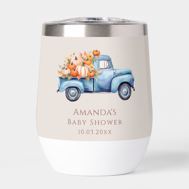 A Little Pumpkin Fall Boy Baby Shower Thermal Wine Tumbler (Front)