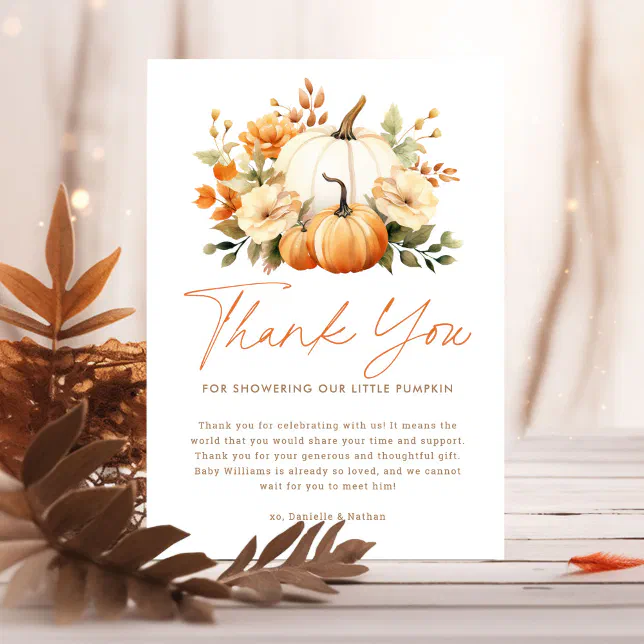 A Little Pumpkin Fall Floral Baby Shower Thank You Card | Zazzle