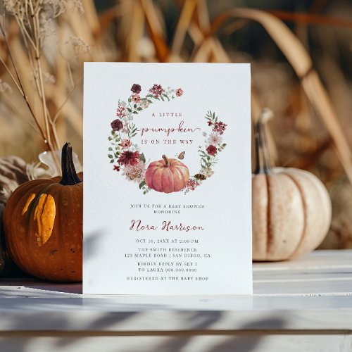 A Little Pumpkin Fall Floral Wreath Baby Shower Invitation