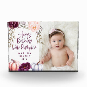 A little pumpkin fall purple peach birthday photo block