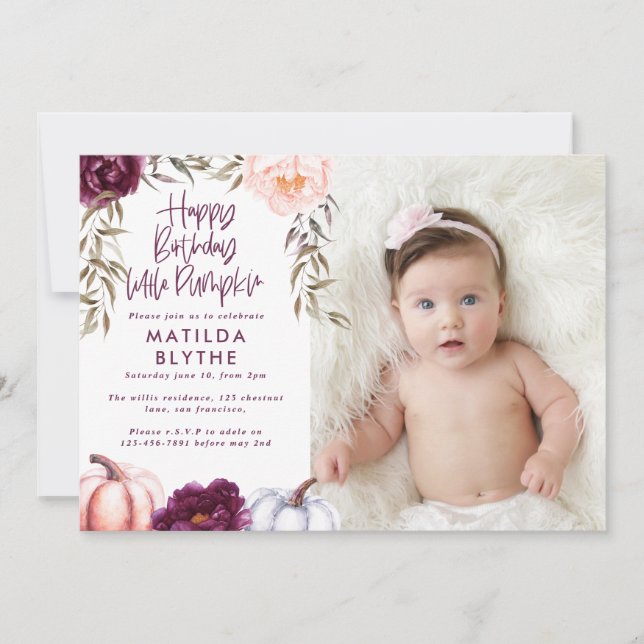 A little pumpkin fall purple peach birthday photo  invitation (Front)