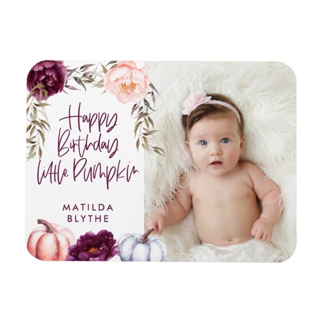 A little pumpkin fall purple peach birthday photo magnet (Horizontal)