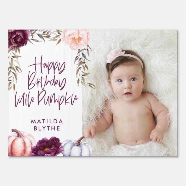 A little pumpkin fall purple peach birthday photo sign (Front)